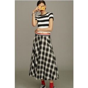 Mare Mare x Anthropologie Plaid Midi Skirt Small Black White A-Line Check Print